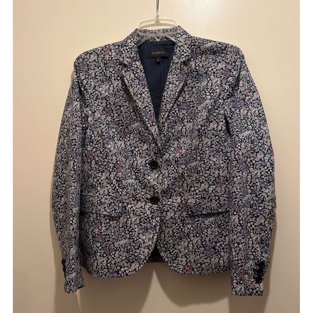 Talbots Blue Floral Flower Plants Cottagecore Cotton Blazer Size 4